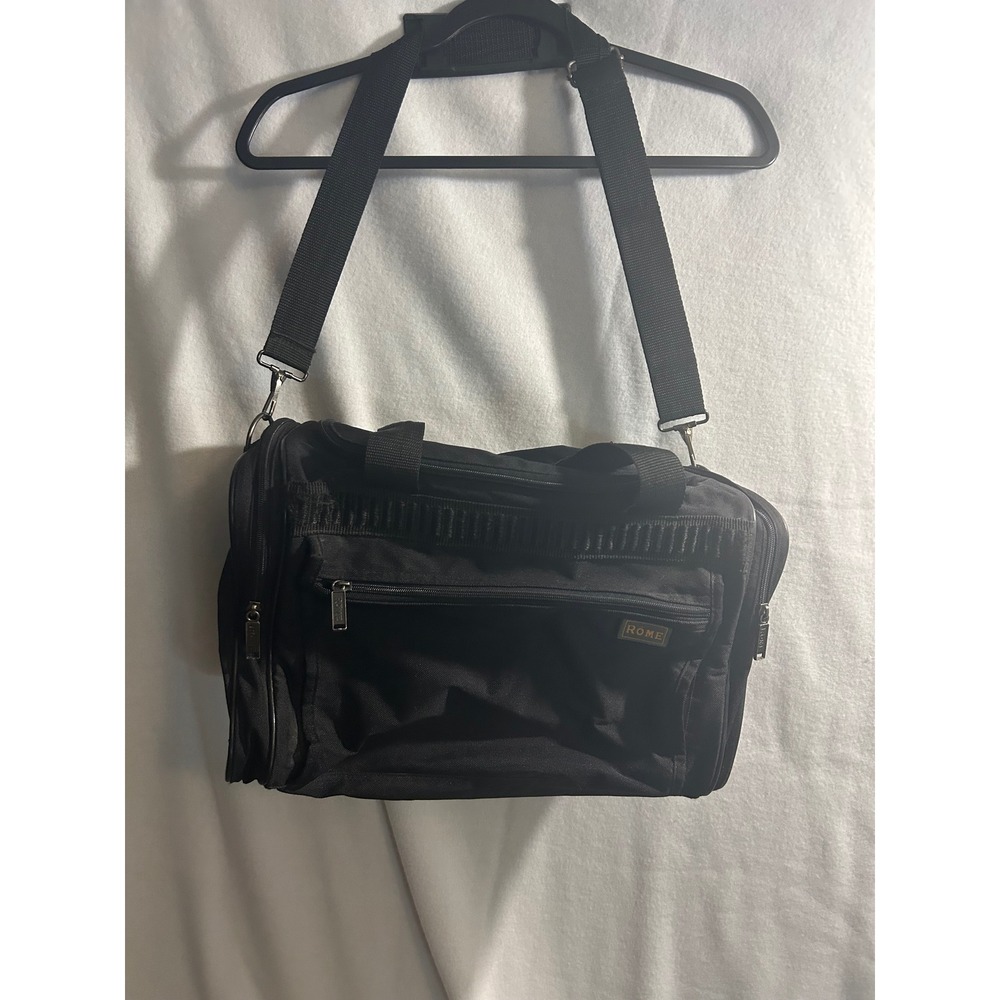 Rome Black Canvas Travel Duffel Bag Weekend Overnight Gym Bag with Strap